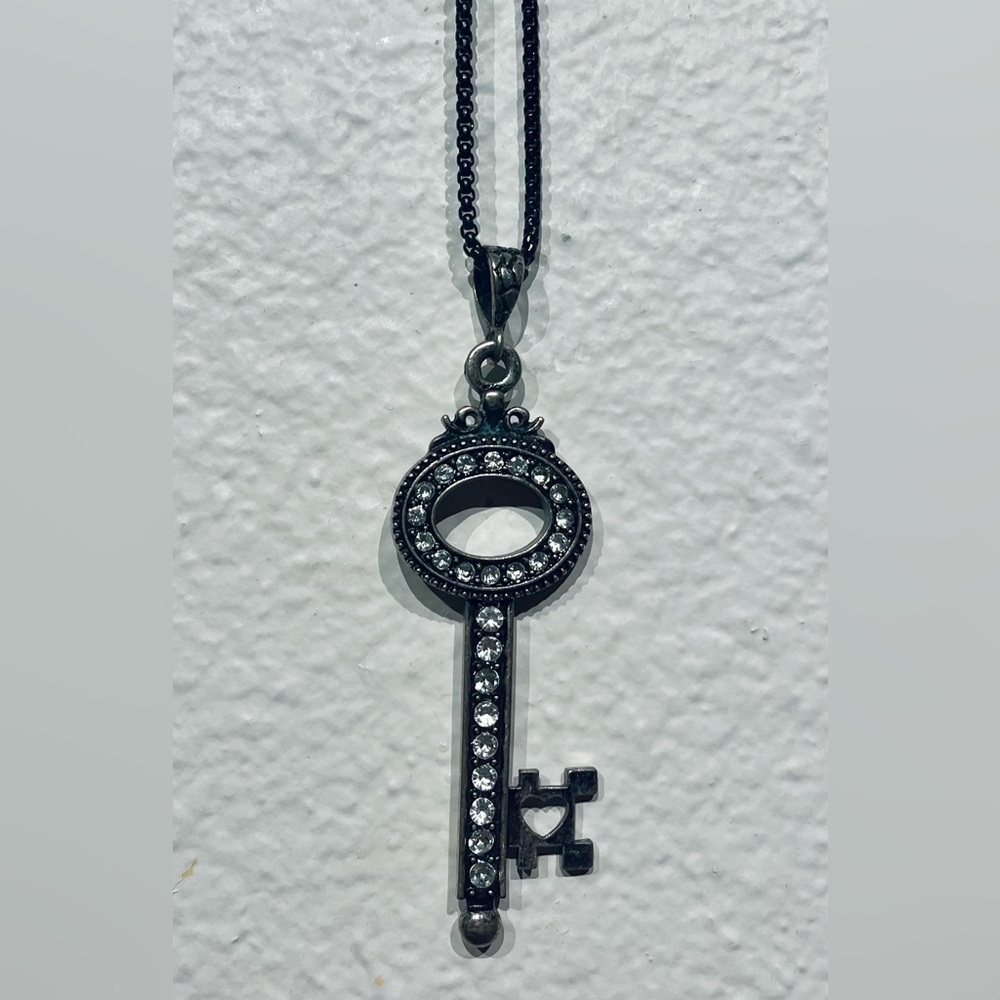 Vintage Rhinestone Key Pendant Necklace on a Black Chain